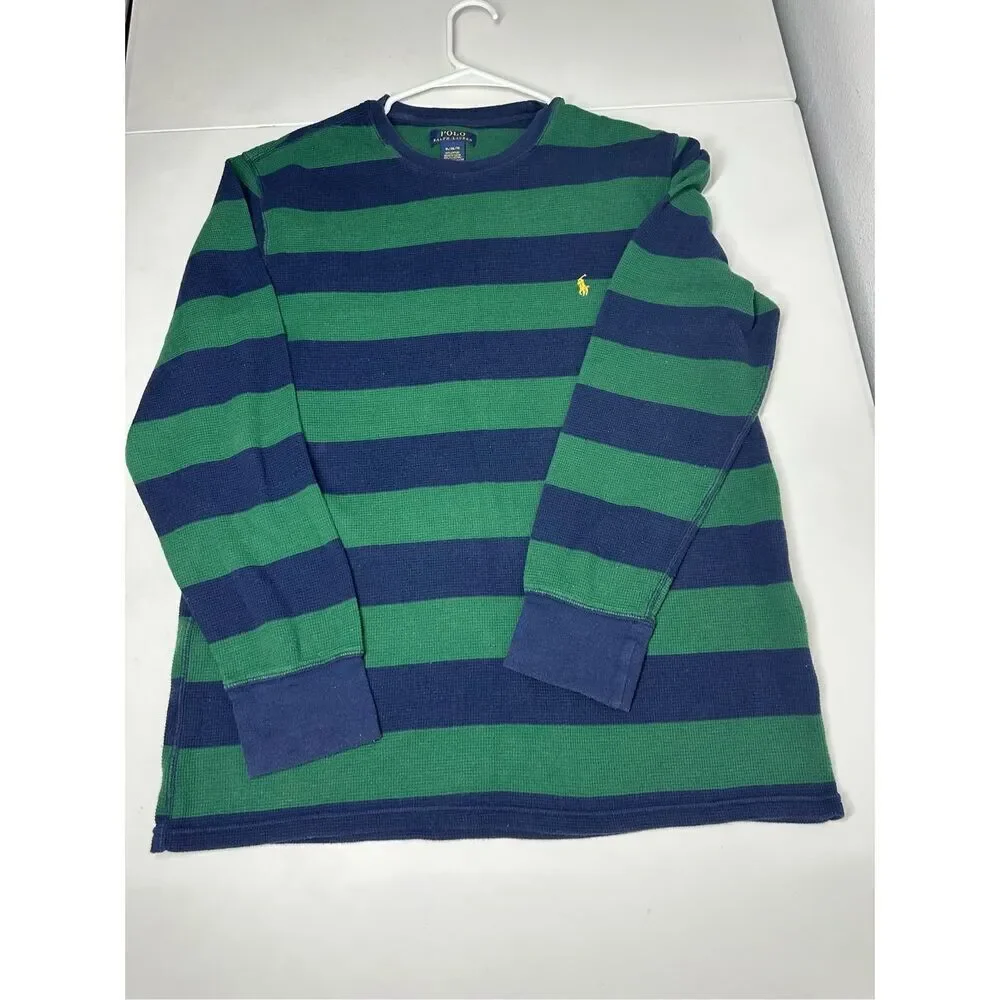 Polo Ralph Lauren Shirt Adult Striped Green Blue Waffle Knit Long Sleeve Size XL